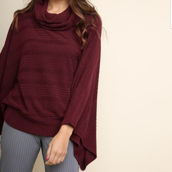 Burgundy Ribbed Sweater w/ Kimono Sleeves/Cowlneck - Picture 2 of 5